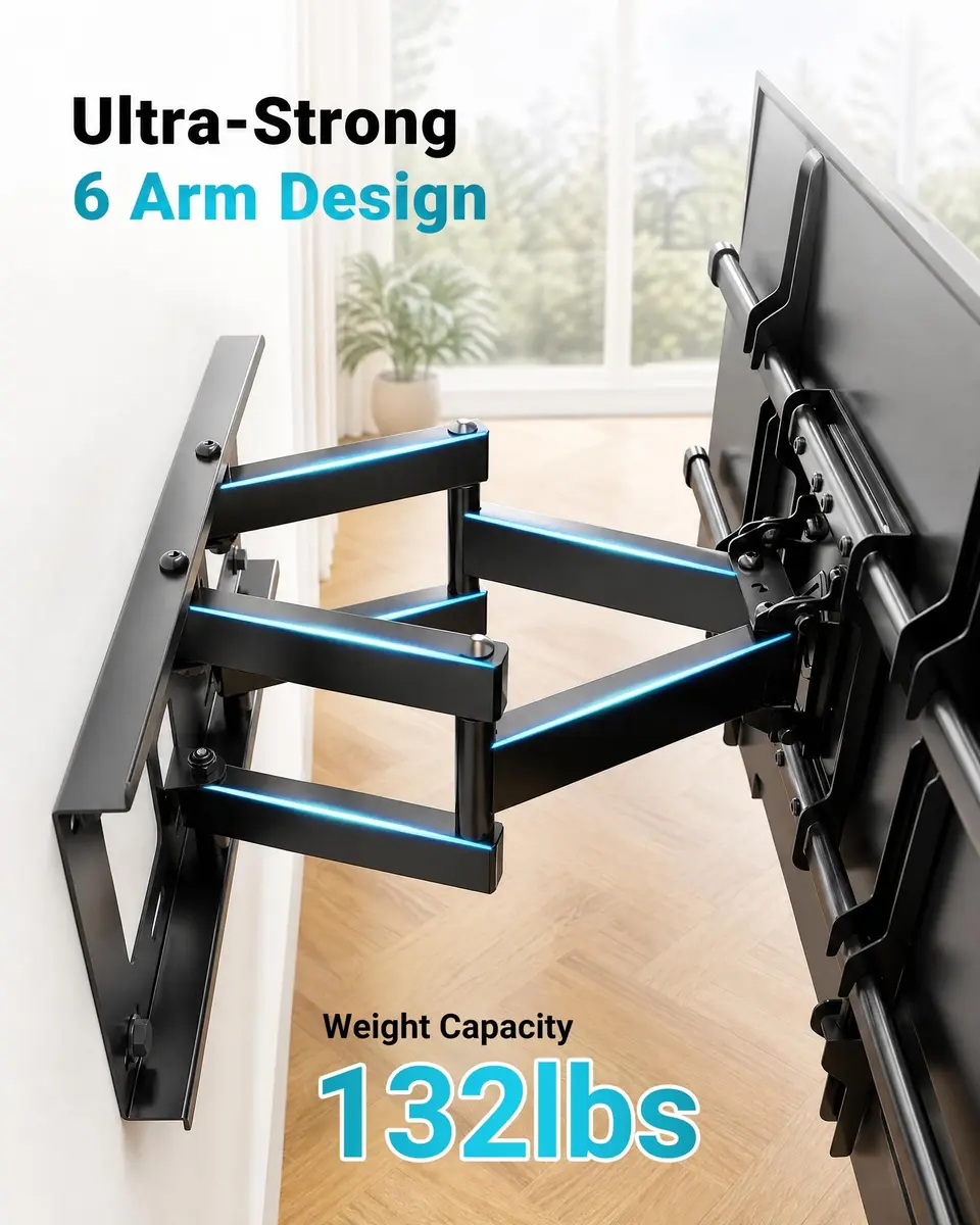 BONTEC Full Motion TV Wall Mount for 37-85 Inch TVs, Heavy Duty Swivel Tilt | Supports 132lbs, VESA 600x400mm, Fits 16" Wood Studs - view 3
