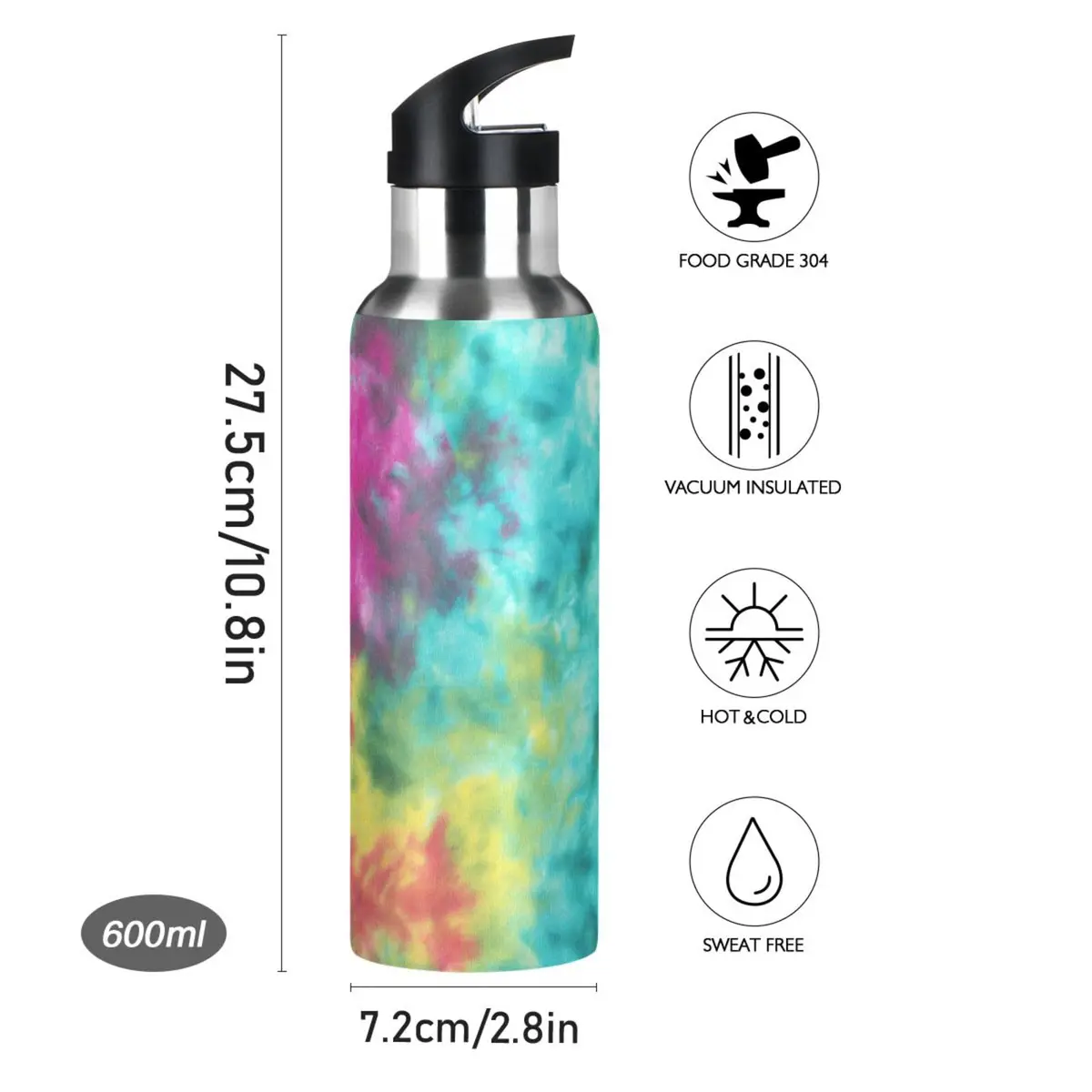 KEPREAL 22 OZ Colorful Tie Dye Pattern Water Bottle with Straw | BPA Free Leakproof Stainless Steel for Fitness & Outdoors - view 2