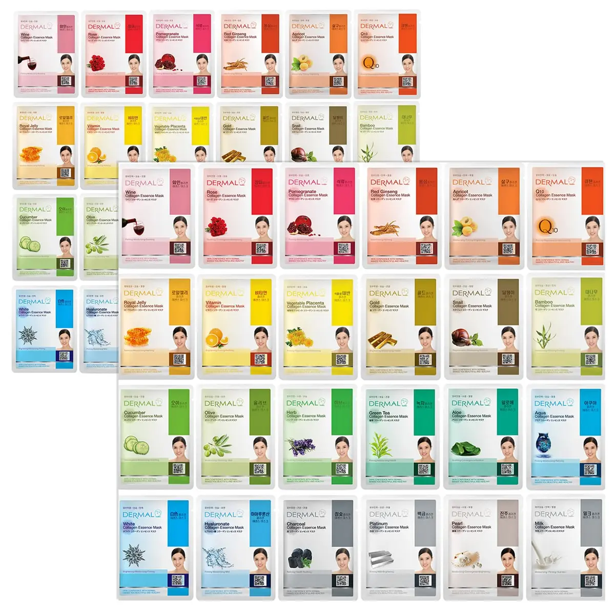 DERMAL 48 Korean Essence Sheet Mask Variety Pack, 48 Masks | 24 Formulas x 2 Each - main product image
