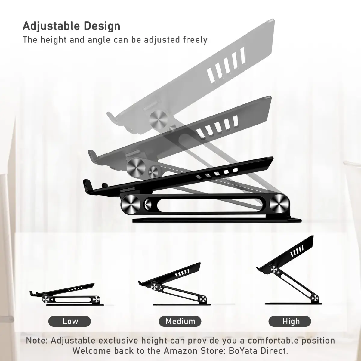 BoYata Adjustable Laptop Stand for Laptops up to 17 Inches | Black Metal Desktop Riser - view 3