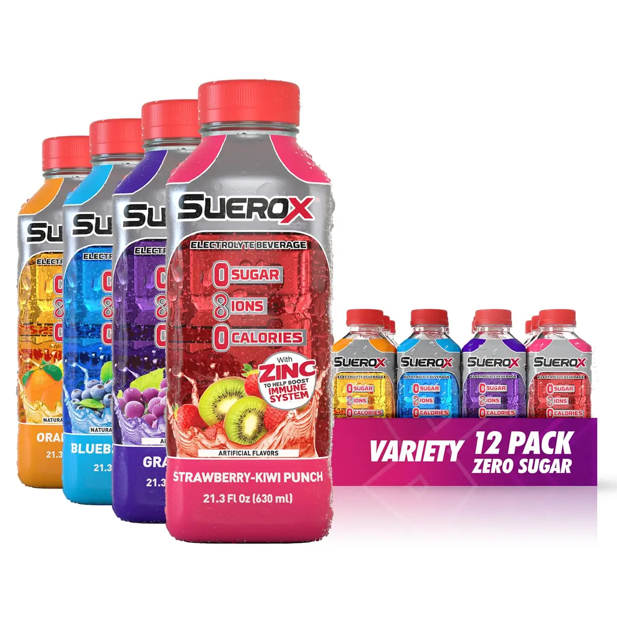 SueroX Sugar Free Electrolyte Drink Variety Pack 12 x 21.3 Fl Oz | Zero Sugar, Hydration & Immune Support - main product image