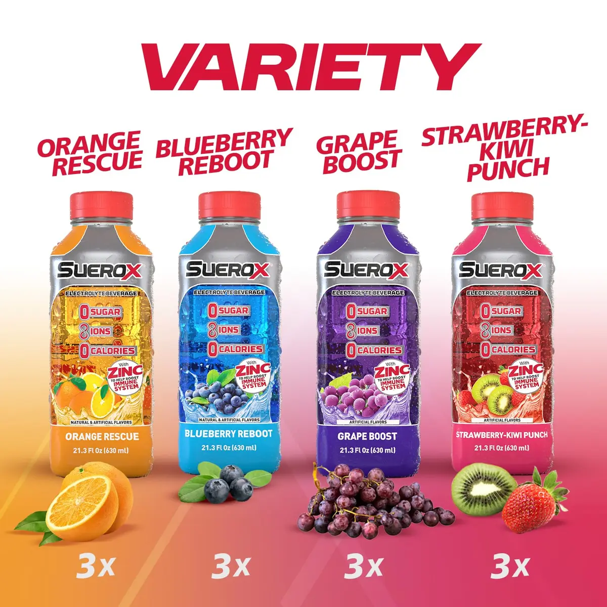 SueroX Sugar Free Electrolyte Drink Variety Pack 12 x 21.3 Fl Oz | Zero Sugar, Hydration & Immune Support - view 2