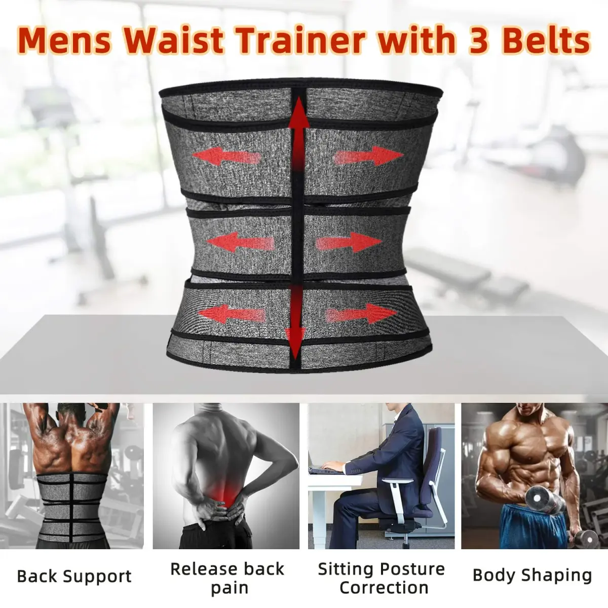 Hidyliu Mens Neoprene Waist Trainer Belt with 3 Belts & 4 Rows Hook | Sweat Sauna Slimming Cincher for Back Support & Posture (Grey, L) - view 5