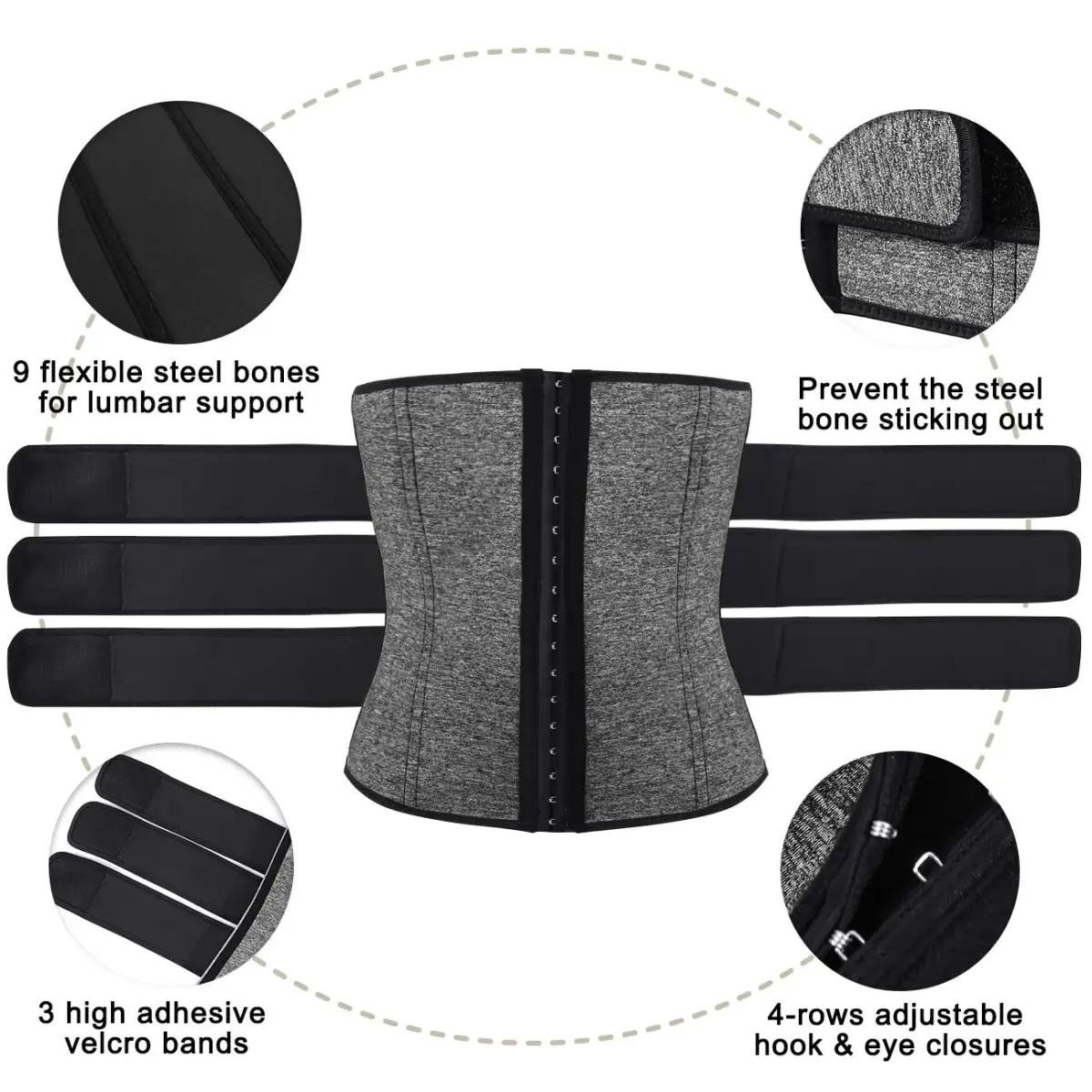 Hidyliu Men's Grey Waist Trainer Neoprene Sauna Sweat Trimmer Belt with 3 Belts & 4 Rows Hook - Small - view 3