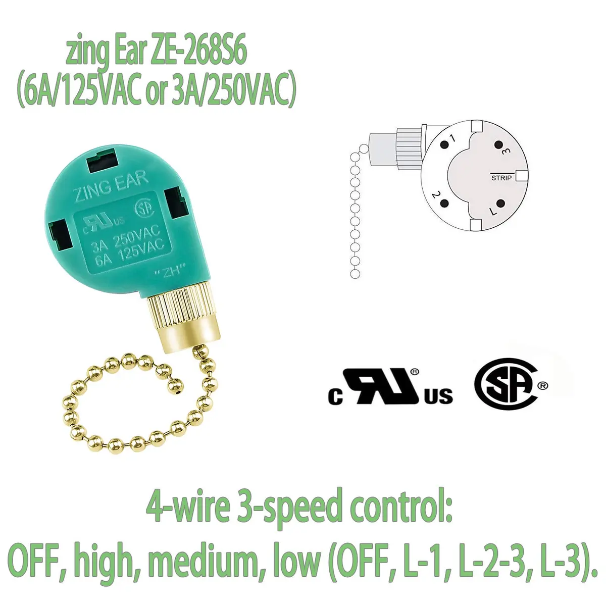 Cenipar ZE-268s6 Gold Pull Chain 3 Speed 4 Wire Fan Switch (2-Pack) | Controls Fan Speed for Lights & Fans - view 5