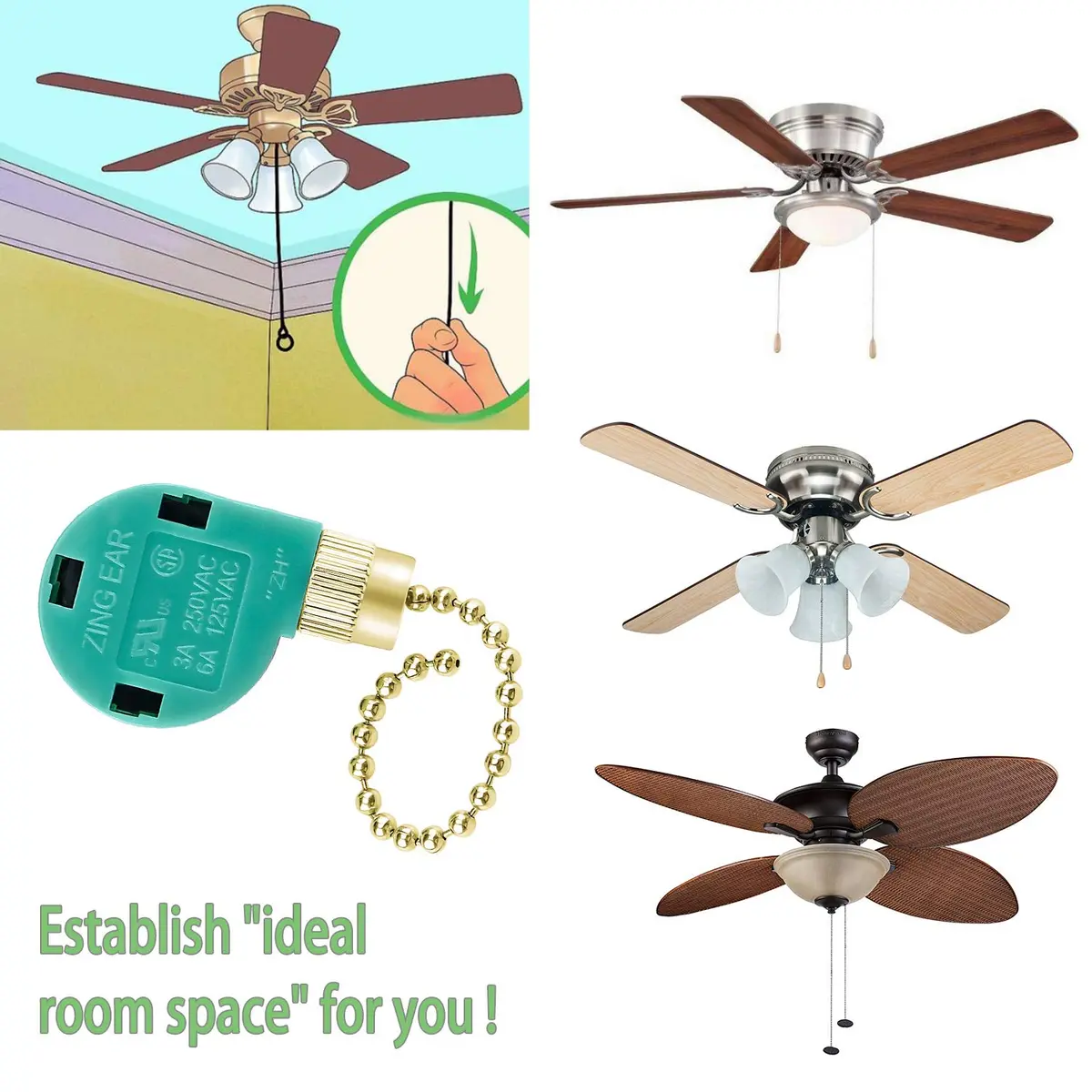 Cenipar ZE-268s6 Gold Pull Chain 3 Speed 4 Wire Fan Switch (2-Pack) | Controls Fan Speed for Lights & Fans - view 7