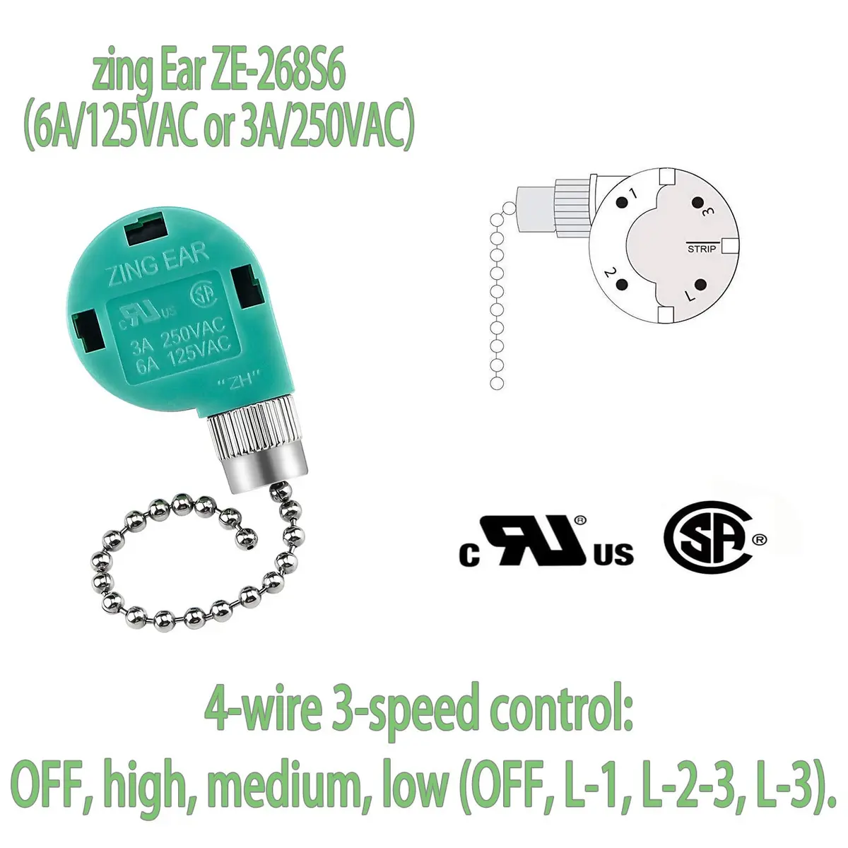 Cenipar ZE-268s6 Ceiling Fan Switch 2 Pack | 3-Speed 4-Wire Pull Chain for Fans & Lights - view 5