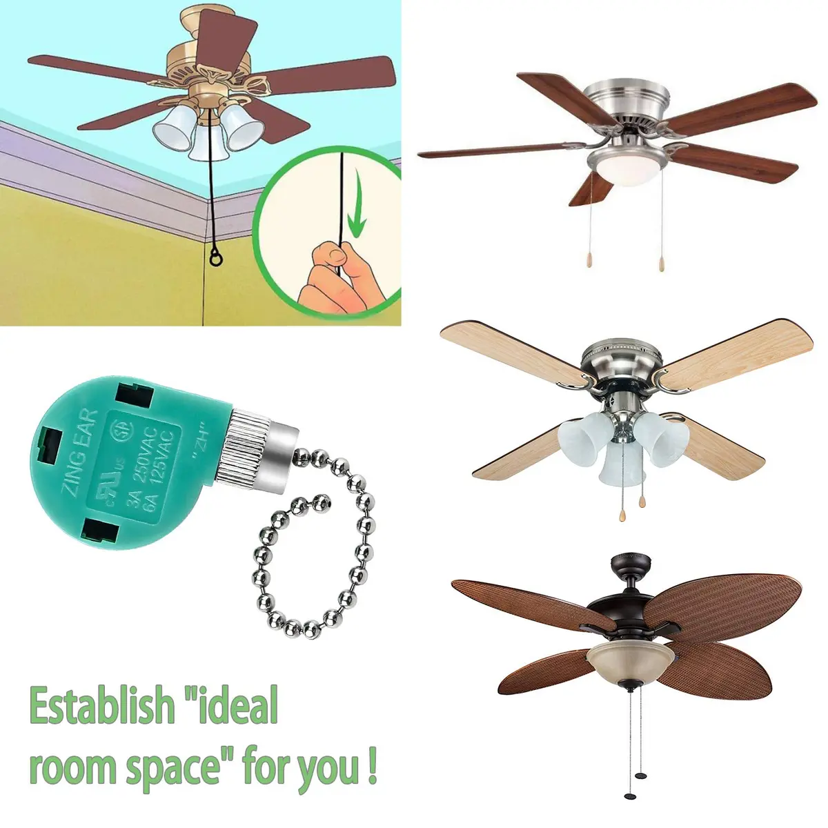 Cenipar ZE-268s6 Ceiling Fan Switch 2 Pack | 3-Speed 4-Wire Pull Chain for Fans & Lights - view 7
