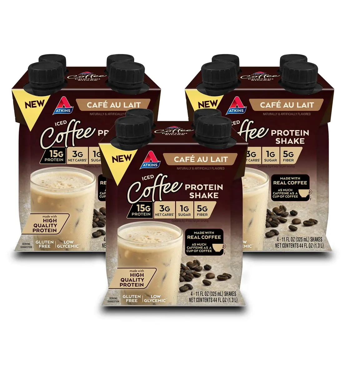 Atkins Café au Lait Iced Coffee Protein Shake 15g Protein, 3g Net Carb, 12 Count | Keto Friendly, Gluten Free - main product image