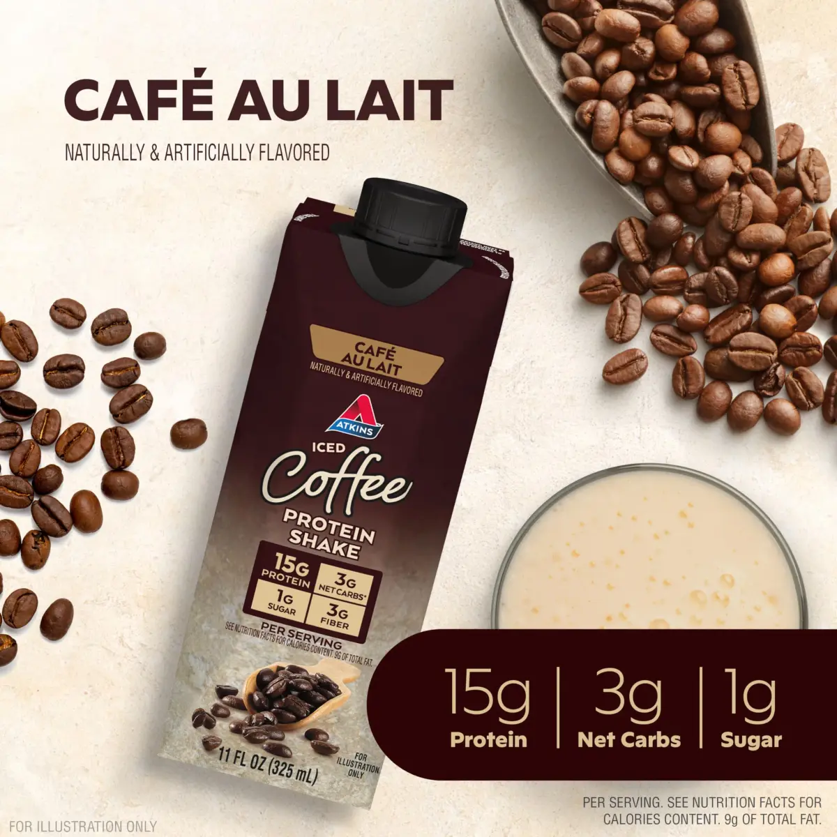 Atkins Café au Lait Iced Coffee Protein Shake 15g Protein, 3g Net Carb, 12 Count | Keto Friendly, Gluten Free - view 2