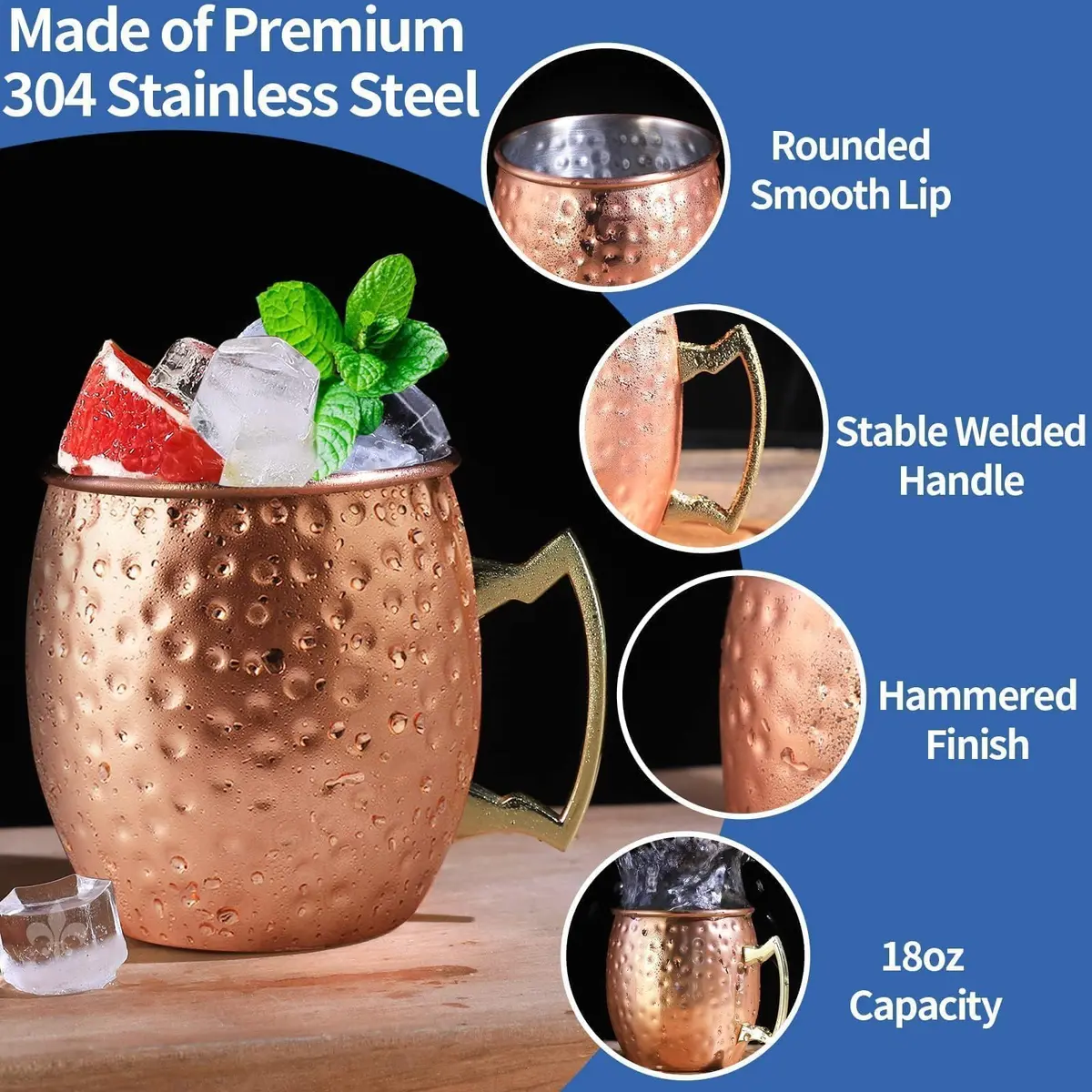 LINALL Moscow Mule Copper Mugs Set of 6 | 18oz Copper Plated Stainless Steel Drinkware - view 3