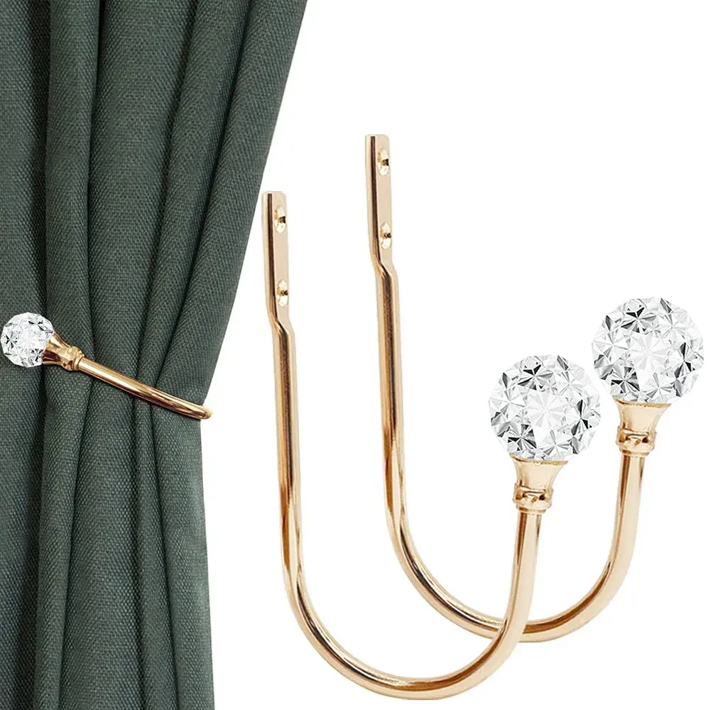 KOLAKO Crystal Curtain Holdbacks Set of 2 — Rose Gold Metal Tieback Hooks with Crystal Ball | 16 cm (6.3 inch) Length - main product image