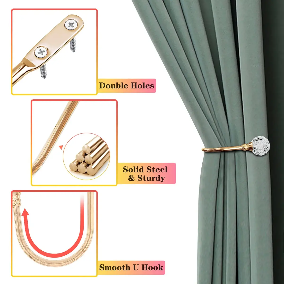 KOLAKO Crystal Curtain Holdbacks Set of 2 — Rose Gold Metal Tieback Hooks with Crystal Ball | 16 cm (6.3 inch) Length - view 5