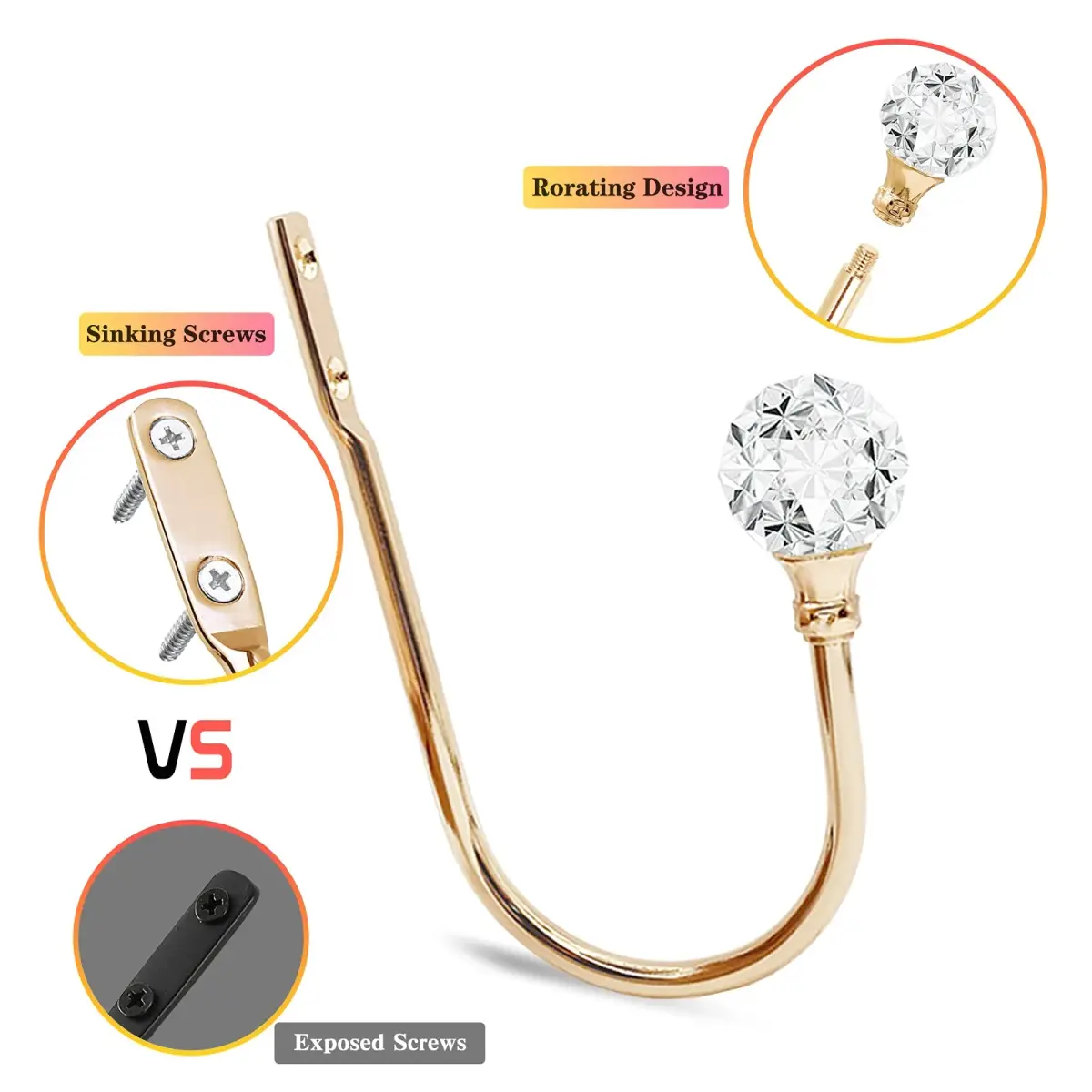 KOLAKO Crystal Curtain Holdbacks Set of 2 — Rose Gold Metal Tieback Hooks with Crystal Ball | 16 cm (6.3 inch) Length - view 4