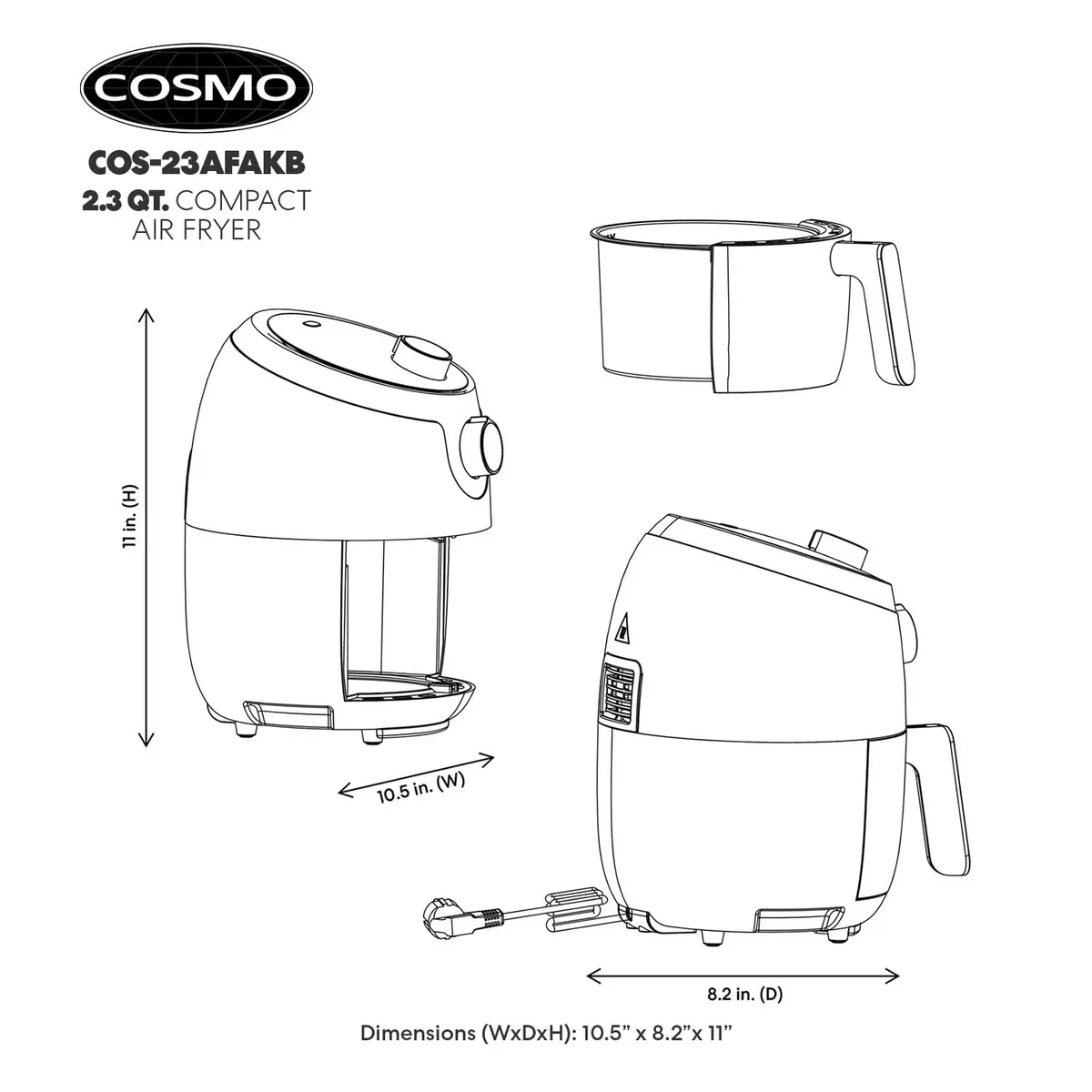 COSMO Air Fryer 2.3 Quart Compact Electric Small Kitchen Appliance with Temperature Control, Timer, Auto Shut-Off, Non-Stick Frying Tray - view 5