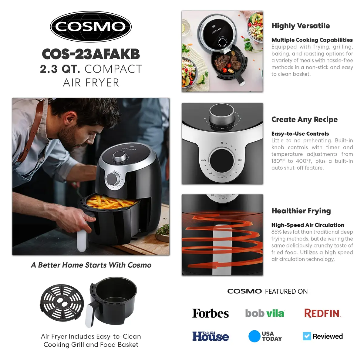 COSMO Air Fryer 2.3 Quart Compact Electric Small Kitchen Appliance with Temperature Control, Timer, Auto Shut-Off, Non-Stick Frying Tray - view 3