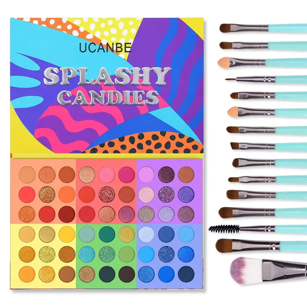UCANBE 54 Colors Splashy Candies Eyeshadow Palette + 15pcs Makeup Brush Set | Highly Pigmented Matte Metallic Shimmer Glitter Eye Shadow - main product image