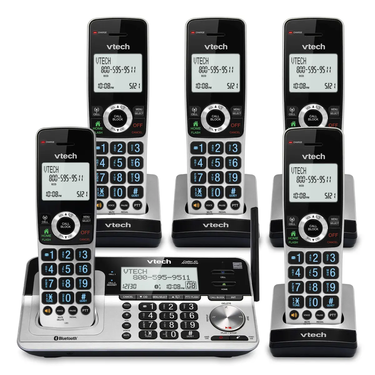 VTech VS113-5 Extended Range 5 Handset Cordless Phone for Home with Call Blocking, Connect to Cell Bluetooth, 2" Backlit Screen, Big Buttons, and Answering System, Silver & Black | Long Range & Call Blocking - main product image