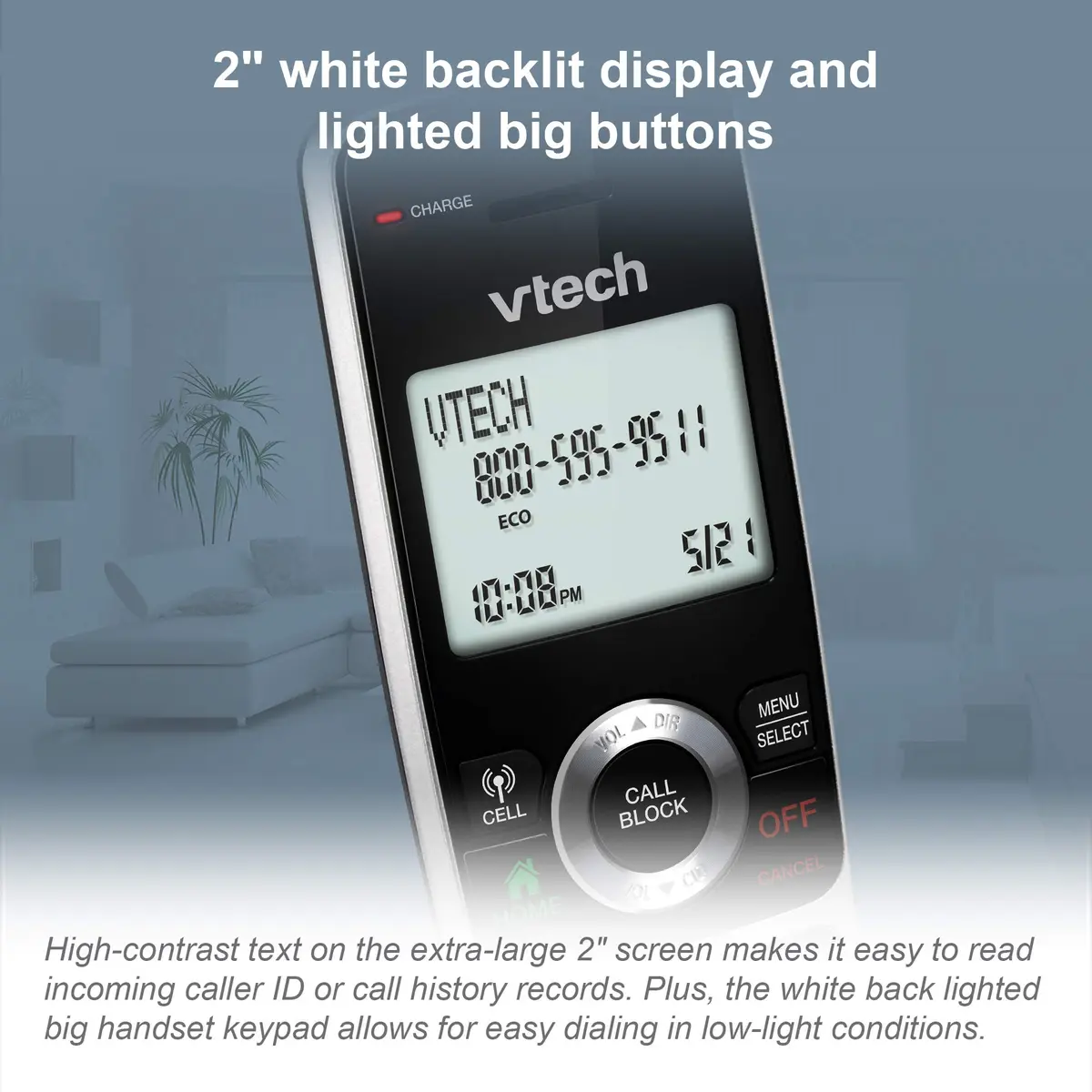 VTech VS113-5 Extended Range 5 Handset Cordless Phone for Home with Call Blocking, Connect to Cell Bluetooth, 2" Backlit Screen, Big Buttons, and Answering System, Silver & Black | Long Range & Call Blocking - view 6