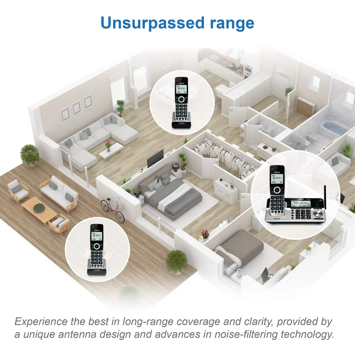 VTech VS113-5 Extended Range 5 Handset Cordless Phone for Home with Call Blocking, Connect to Cell Bluetooth, 2" Backlit Screen, Big Buttons, and Answering System, Silver & Black | Long Range & Call Blocking - view 2