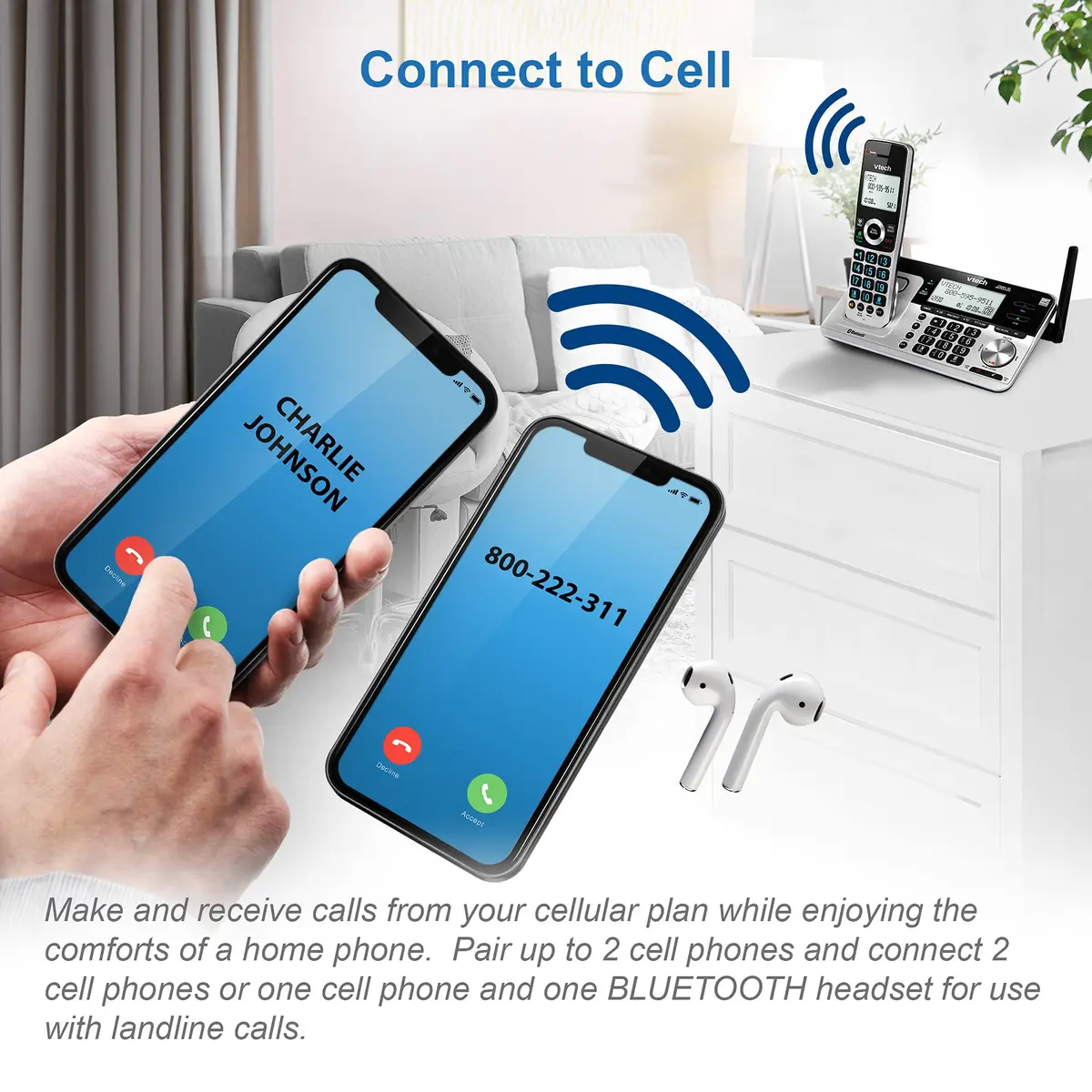 VTech VS113-5 Extended Range 5 Handset Cordless Phone for Home with Call Blocking, Connect to Cell Bluetooth, 2" Backlit Screen, Big Buttons, and Answering System, Silver & Black | Long Range & Call Blocking - view 3