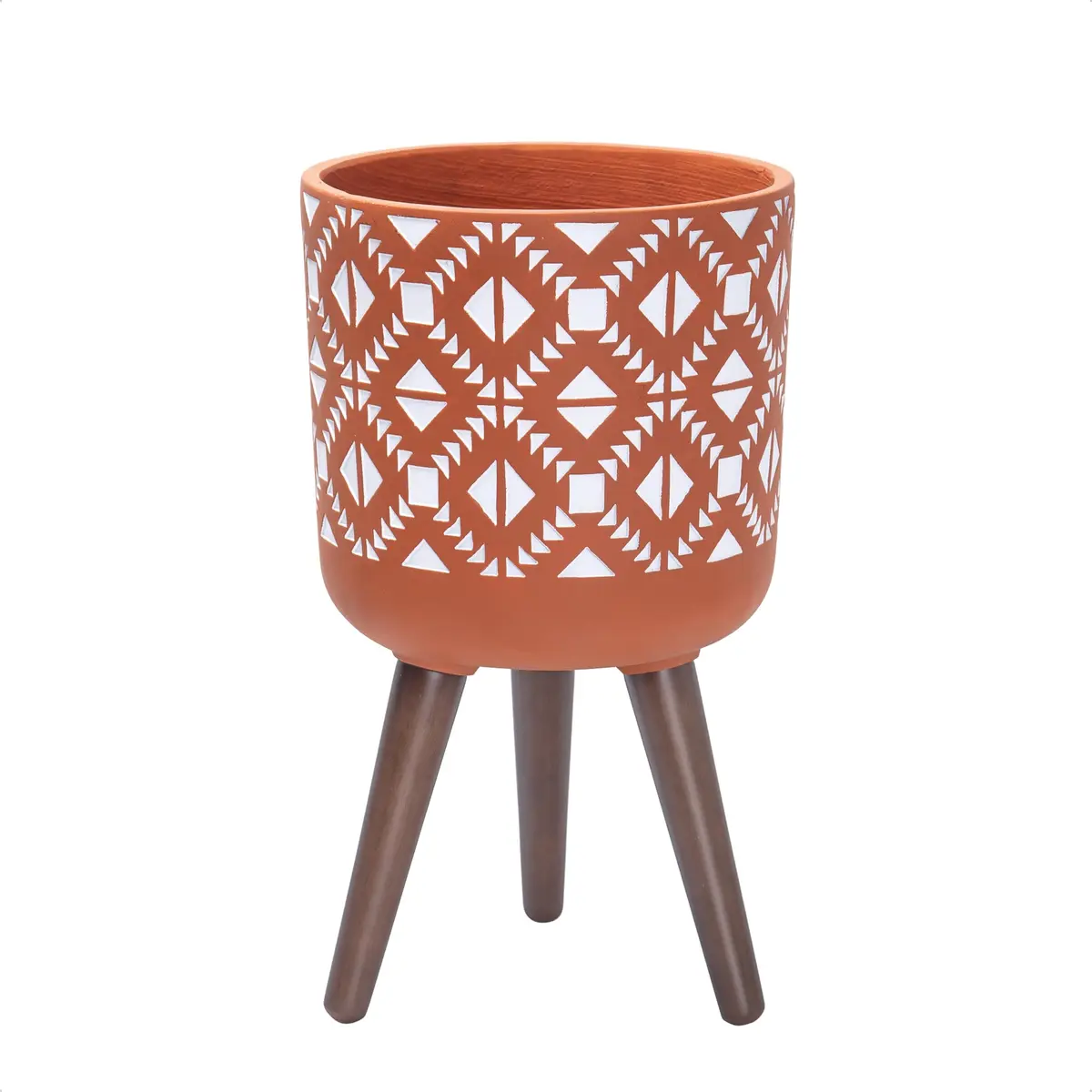 D'vine Dev Planter Pot with Wood Stand, 10 in, Terracotta/White | Mid-Century Modern Indoor Plant Display - main product image