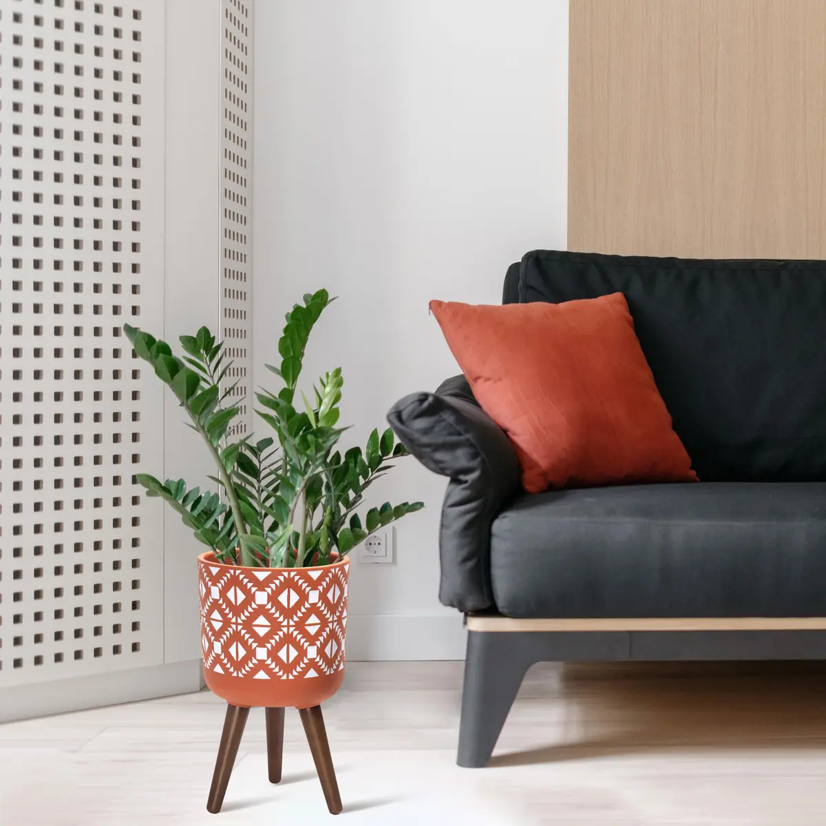 D'vine Dev Planter Pot with Wood Stand, 10 in, Terracotta/White | Mid-Century Modern Indoor Plant Display - view 5