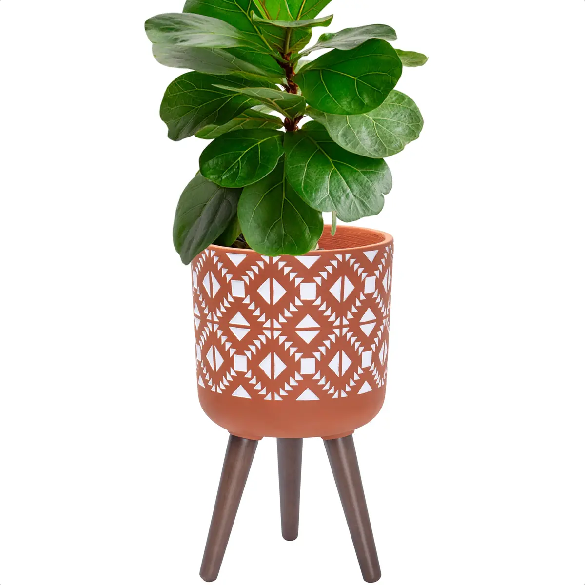 D'vine Dev Planter Pot with Wood Stand, 10 in, Terracotta/White | Mid-Century Modern Indoor Plant Display - view 7