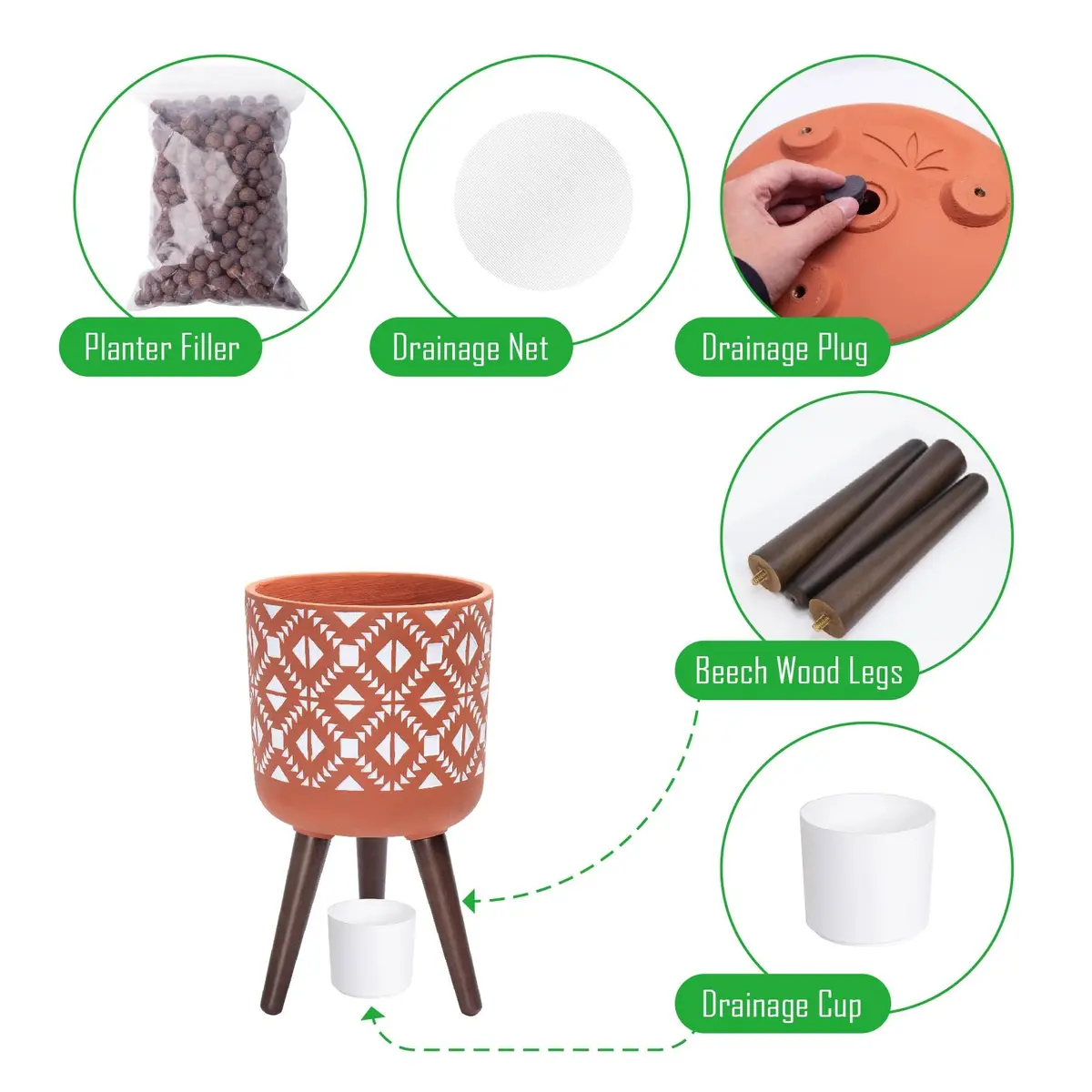 D'vine Dev Planter Pot with Wood Stand, 10 in, Terracotta/White | Mid-Century Modern Indoor Plant Display - view 4