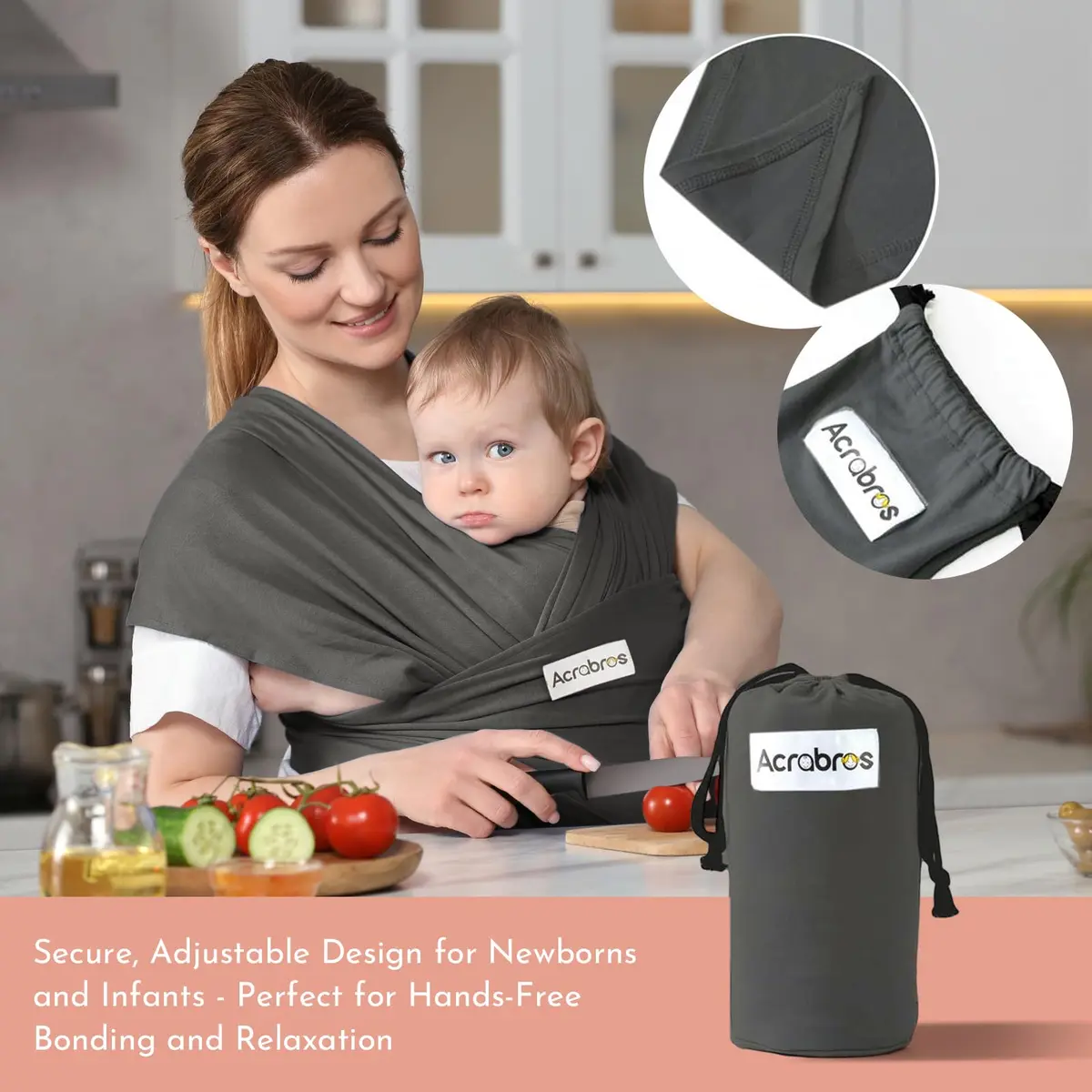 ACRABROS Baby Wrap Carrier for Newborns to Toddlers (8-35 lbs) | Breathable, Hands-Free, Dark Grey - view 5
