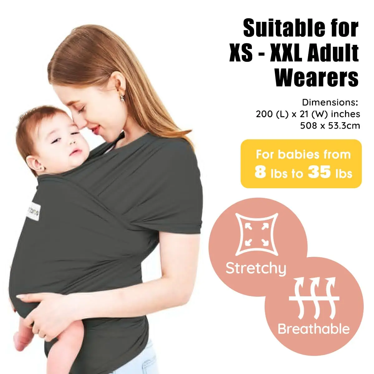 ACRABROS Baby Wrap Carrier for Newborns to Toddlers (8-35 lbs) | Breathable, Hands-Free, Dark Grey - view 2