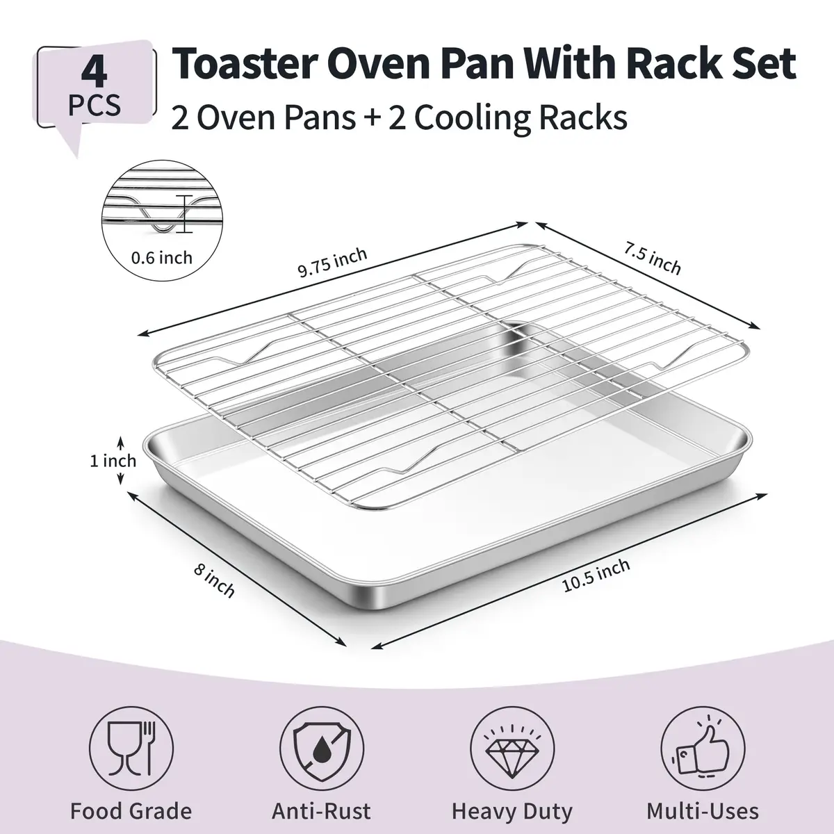 TeamFar Stainless Steel Toaster Oven Pan with Rack Set, 10.5"x 8"x 1" | Durable & Healthy Bakeware for Indian Kitchens - view 2