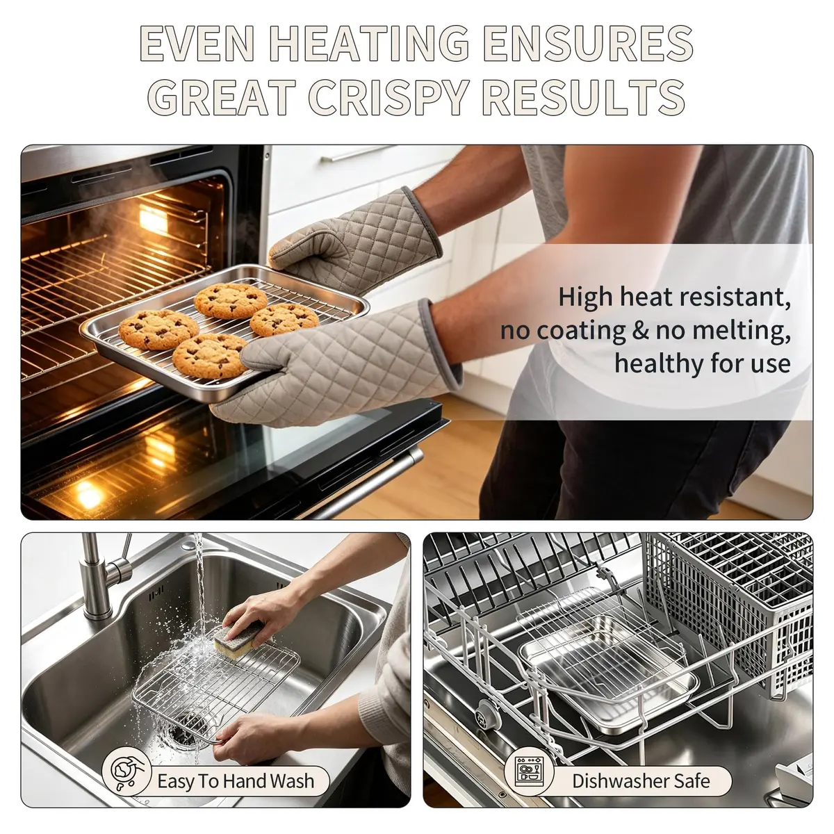 TeamFar Stainless Steel Toaster Oven Pan with Rack Set, 9"x7"x1" | Healthy, Heavy Duty & Dishwasher Safe - view 5