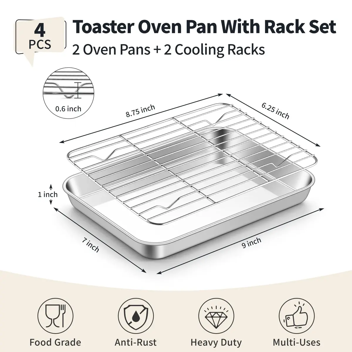 TeamFar Stainless Steel Toaster Oven Pan with Rack Set, 9"x7"x1" | Healthy, Heavy Duty & Dishwasher Safe - view 2