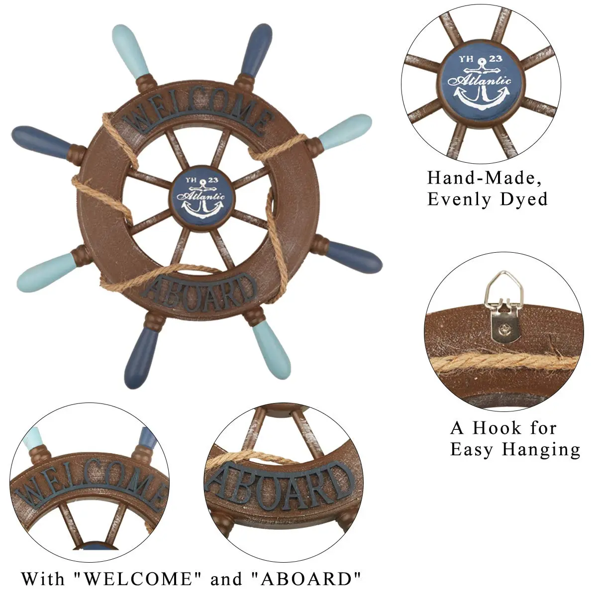 Meching Nautical Wall Art Set | 13" Wooden Ship Wheel & Anchor, Mediterranean Style, Beach Home Decor - view 4