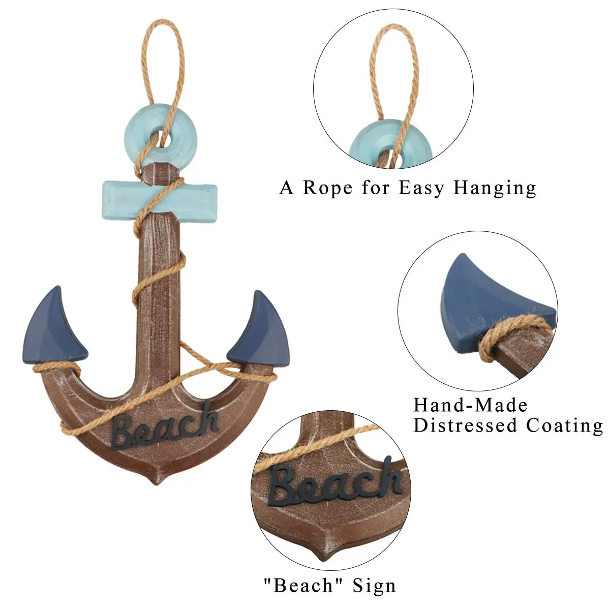 Meching Nautical Wall Art Set | 13" Wooden Ship Wheel & Anchor, Mediterranean Style, Beach Home Decor - view 5