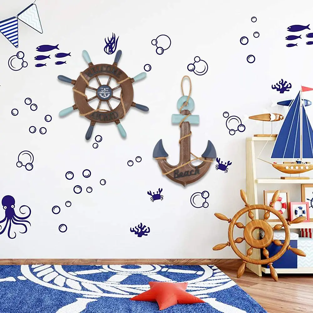 Meching Nautical Wall Art Set | 13" Wooden Ship Wheel & Anchor, Mediterranean Style, Beach Home Decor - view 6