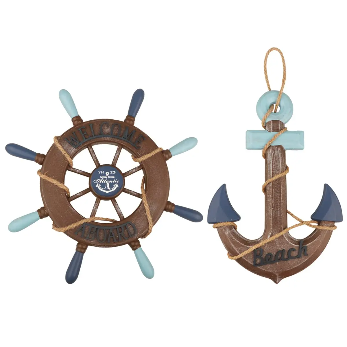 Meching Nautical Wall Art Set | 13" Wooden Ship Wheel & Anchor, Mediterranean Style, Beach Home Decor - main product image