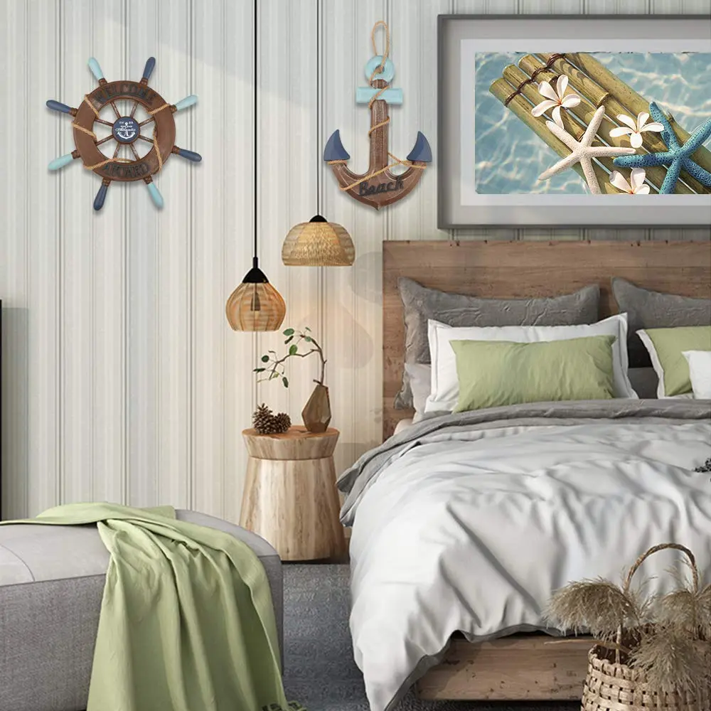 Meching Nautical Wall Art Set | 13" Wooden Ship Wheel & Anchor, Mediterranean Style, Beach Home Decor - view 7