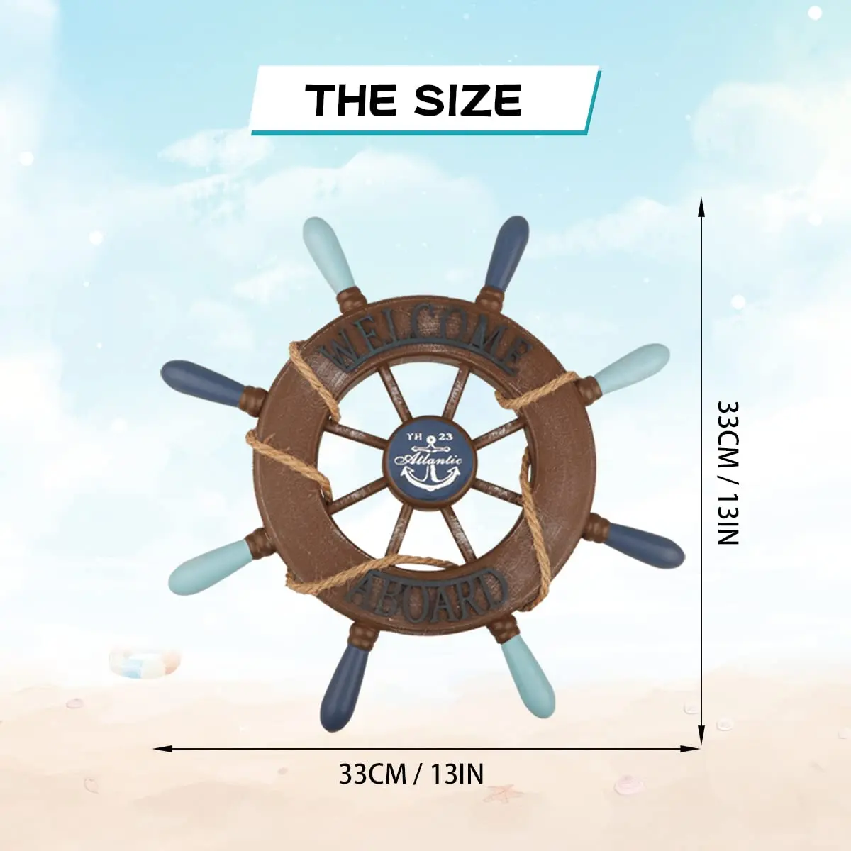 Meching Nautical Wall Art Set | 13" Wooden Ship Wheel & Anchor, Mediterranean Style, Beach Home Decor - view 2