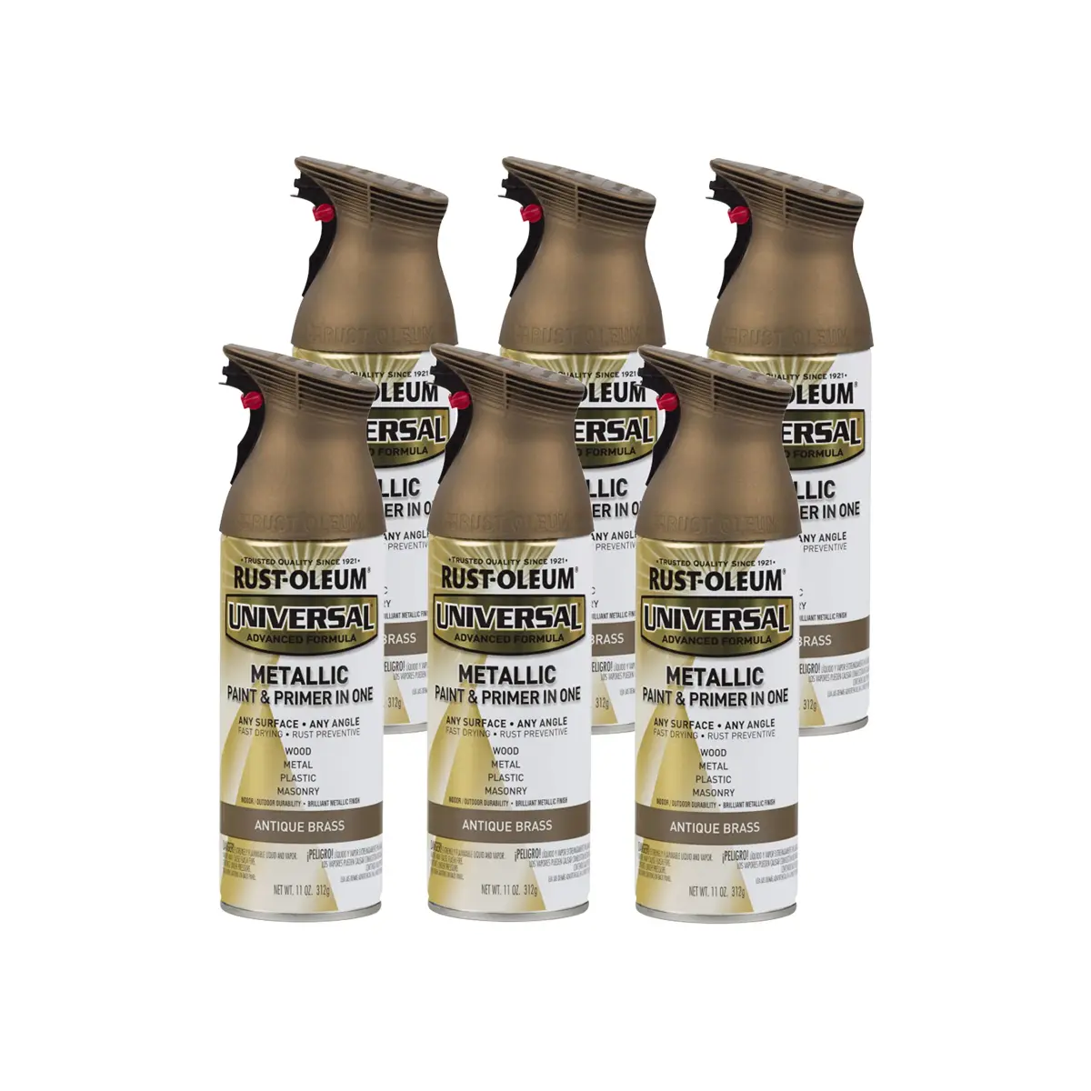 Rust-Oleum Universal All Surface Antique Brass Metallic Spray Paint, 11 oz (Pack of 6) - main product image