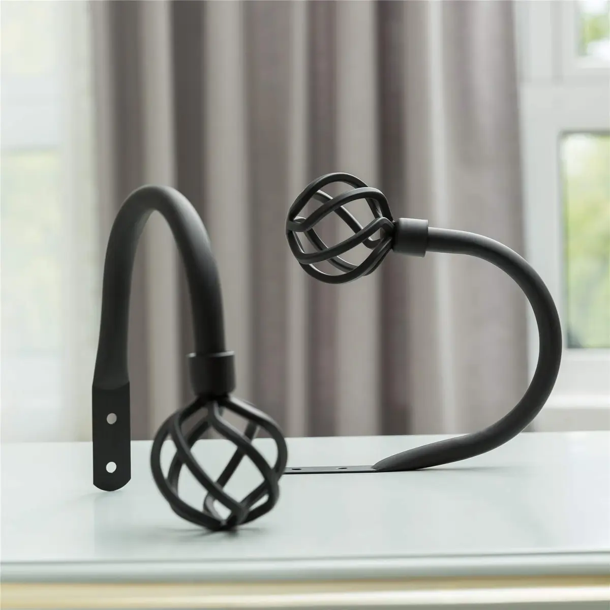 HIKMLK Geometric Industrial Curtain Holdbacks 2pcs | Heavy Duty Cast Iron Wall Hooks (Matt Black) - view 3