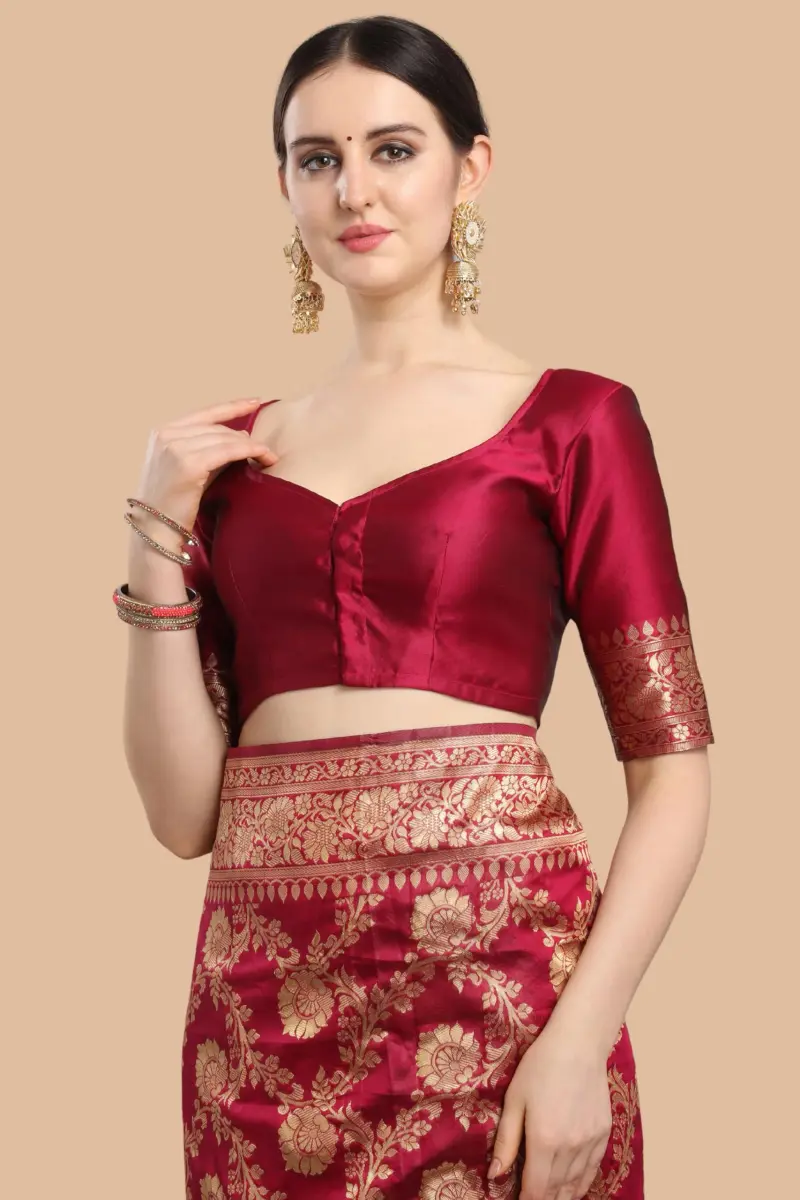 EthnicJunction Women's Banarasi Silk Jacquard Work Saree with Blouse Piece (Cherry Maroon), Maroon, 6 yards | Authentic Indian Weave - view 5