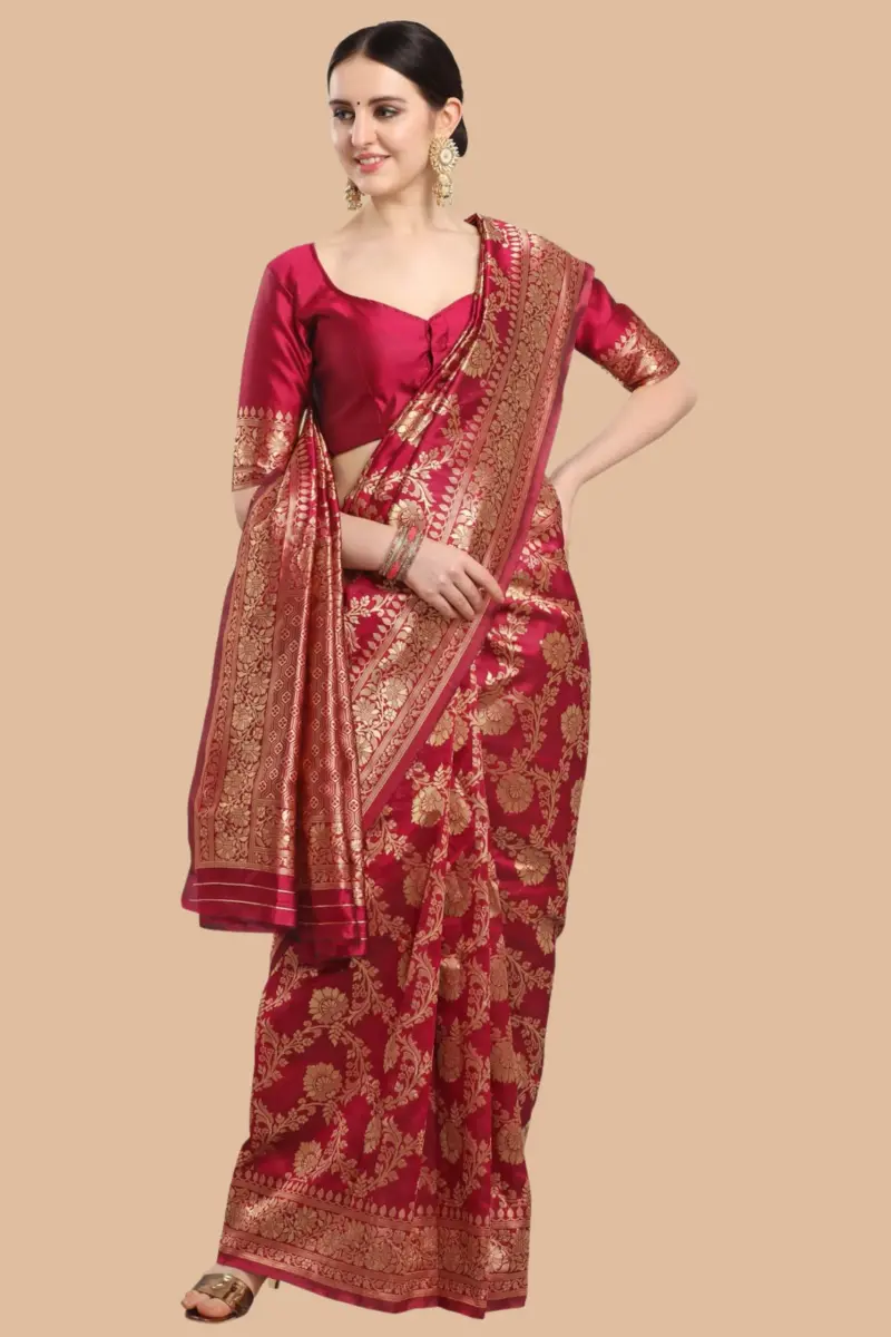 EthnicJunction Women's Banarasi Silk Jacquard Work Saree with Blouse Piece (Cherry Maroon), Maroon, 6 yards | Authentic Indian Weave - view 2