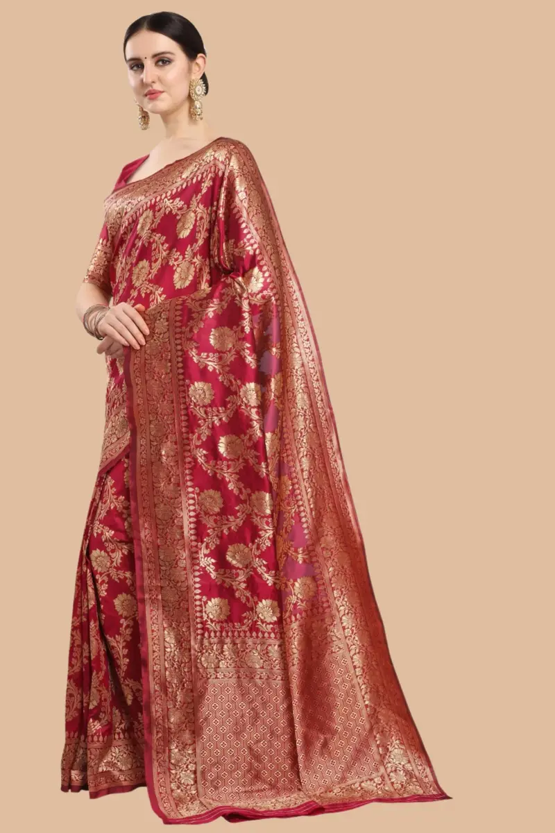 EthnicJunction Women's Banarasi Silk Jacquard Work Saree with Blouse Piece (Cherry Maroon), Maroon, 6 yards | Authentic Indian Weave - view 3