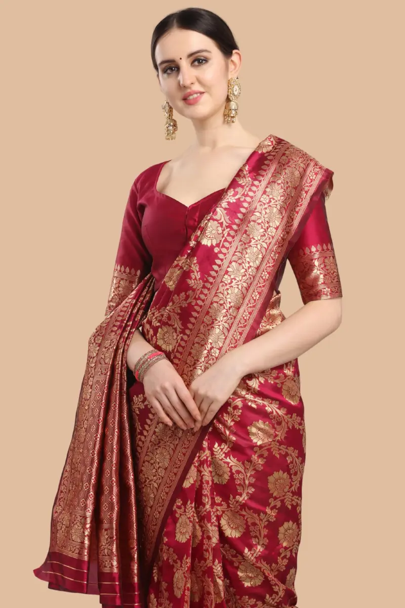 EthnicJunction Women's Banarasi Silk Jacquard Work Saree with Blouse Piece (Cherry Maroon), Maroon, 6 yards | Authentic Indian Weave - view 4