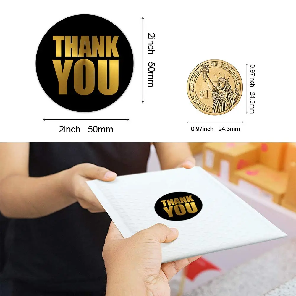 OIXXAF Black Thank You Stickers 2 Inch (50mm) | Gold Foil on Black, 500 Labels Per Roll - view 2