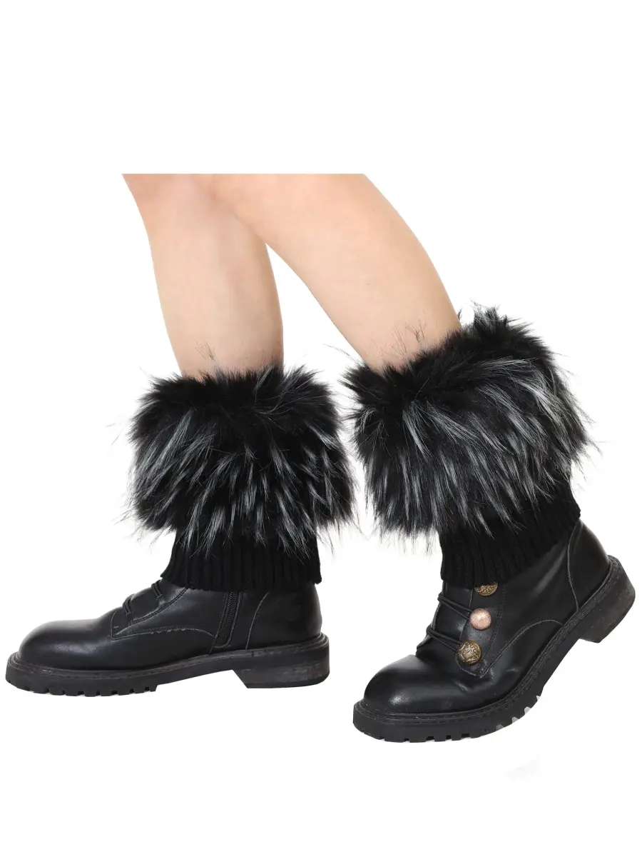 LA CARRIE Faux Fur Plush Leg Warmers Short Fuzzy Leg Cuffs for Women & Girls | Black & White (1 Pair) - view 6