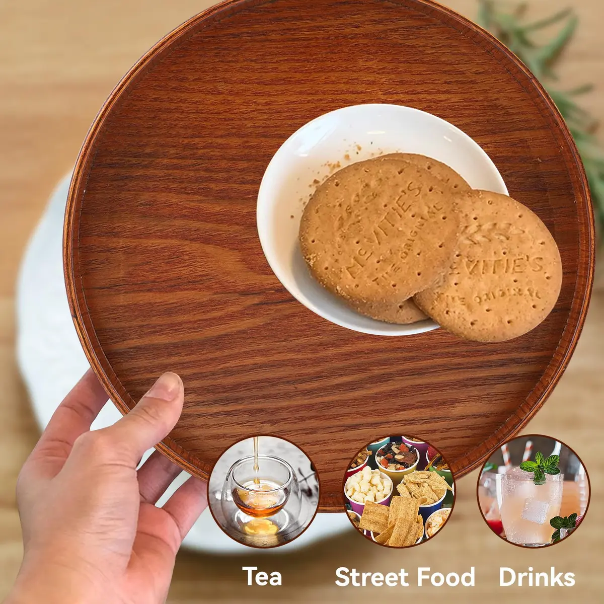 Agatige Round Wooden Serving Tray 21cm | Natural Wood Grain Decor for Home & Party - view 5