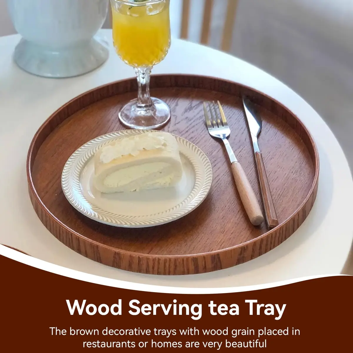 Agatige Round Wooden Serving Tray 21cm | Natural Wood Grain Decor for Home & Party - view 2